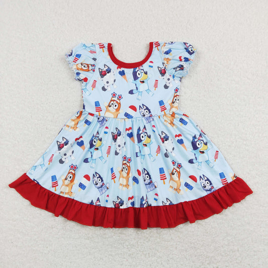 GSD0744 Blue Red Ruffle Short Sleeve Dresses Cartoon bluey Girls boutique outfit 202501