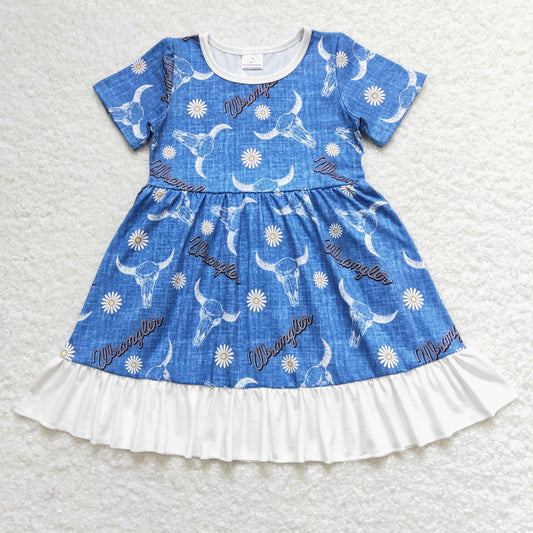 GSD0756 Alpine Bullhead Flower Blue and White Ruffle Short Sleeve Dresses for Girls RTS 202508