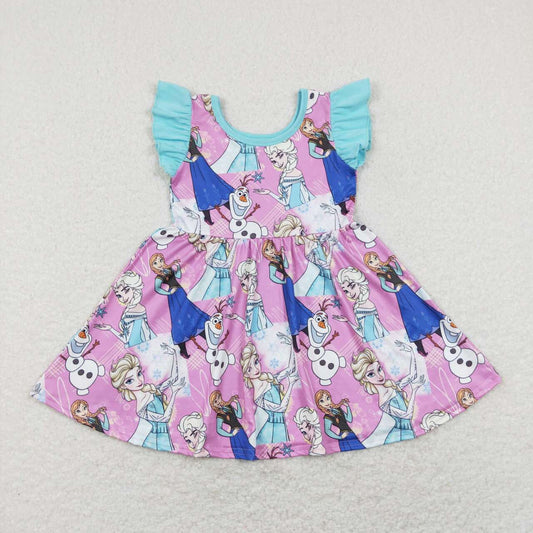 GSD0764 Brilliant Blue Ruffle Purple Cartoon pattern Short Sleeve Dresses Girls boutique outfit 202501