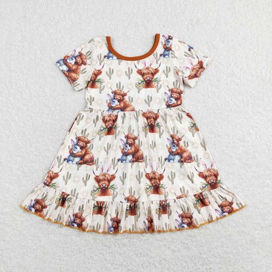 GSD0778 Cactus Cow Bunny Flower Brown Short Sleeve Dresses for Girls RTS 202507