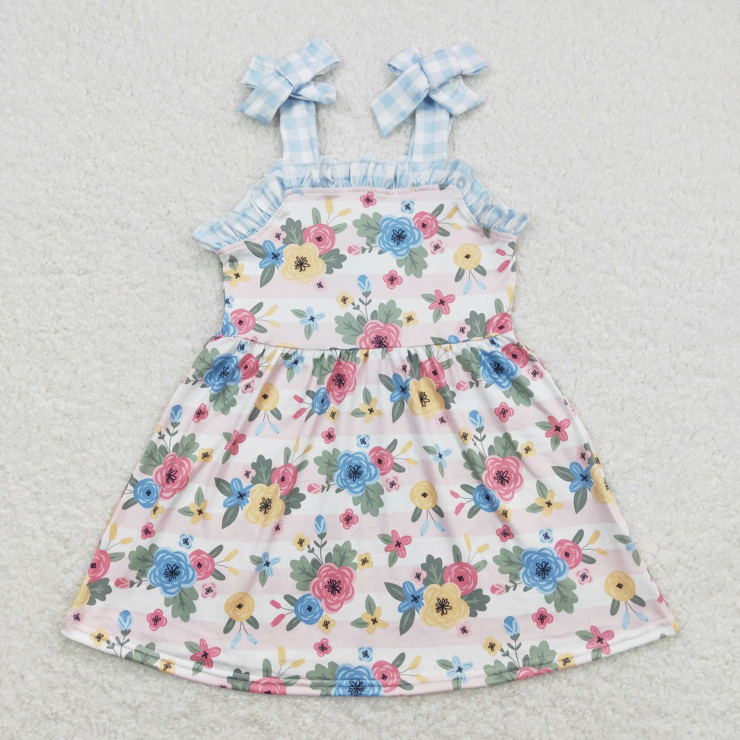 GSD0803 Floral Blue Plaid Ruffle Girls Short Sleeve Dresses RTS 202508