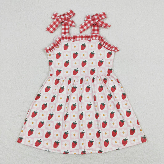 GSD0806 Red Plaid Flower Strawberry Ruffle Halter Dress Girls Boutique Clothes 20240408 RTS