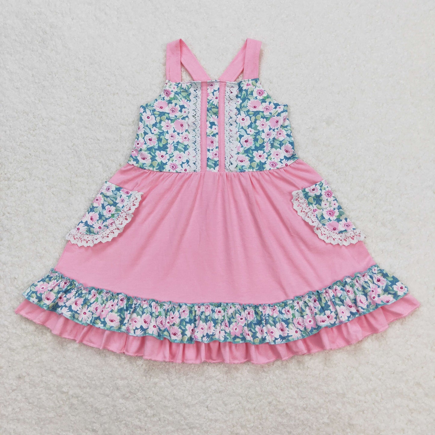 GSD0807 Lace Ruffle Pocket Pink Sleeveless Dresses for Girls RTS 202509