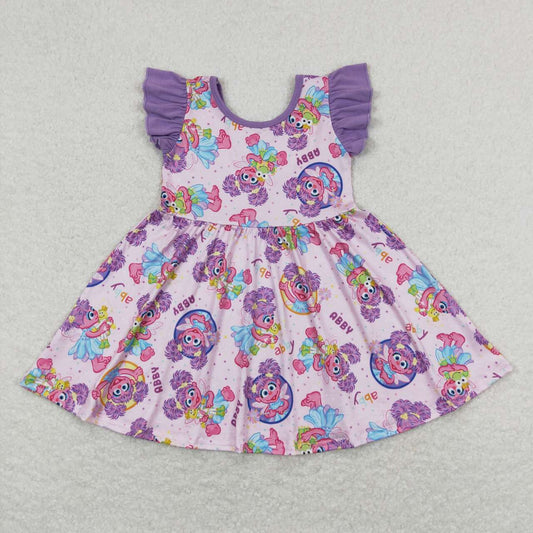 GSD0809 Purple Ruffle Cartoon Babe pattern Short Sleeve Dresses Girls boutique outfit 202501