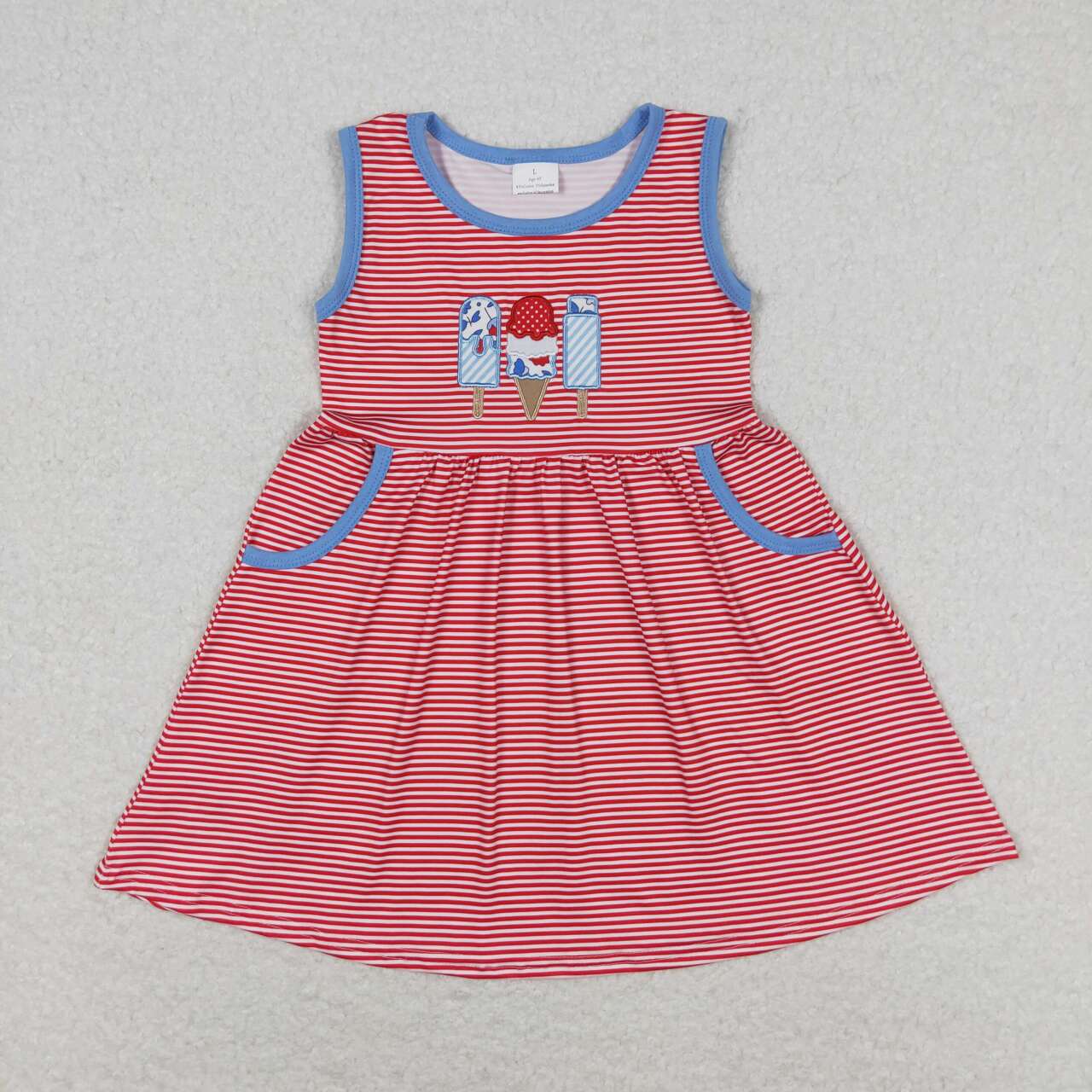GSD0821 Embroidered ice cream Ice cream Red and white striped sleeveless dress High quality dress for kids