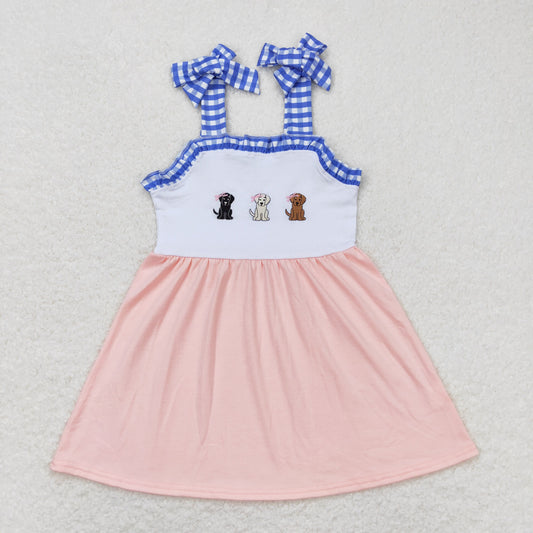 GSD0834 Embroidered Puppy Blue Plaid Ruffle Sleeveless Pink Dress Girls Boutique Clothes 202404 RTS