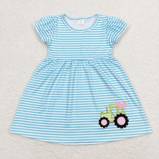 GSD0835 Embroidered Ice Cream Truck Blue Green Stripe Short Sleeve Dress Girls Boutique Clothes 20240411 RTS