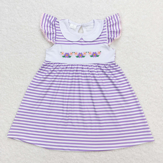 GSD0836 Floral Purple White Stripe Doll Collar Flying Sleeve Girls Dresses RTS 202508