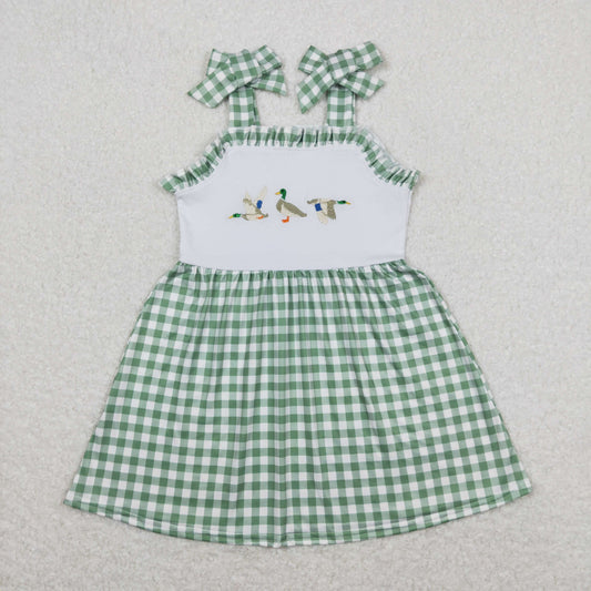 GSD0839 Embroidered Duck Hunting Green Plaid Ruffle Sleeveless Dresses for Girls RTS 202508