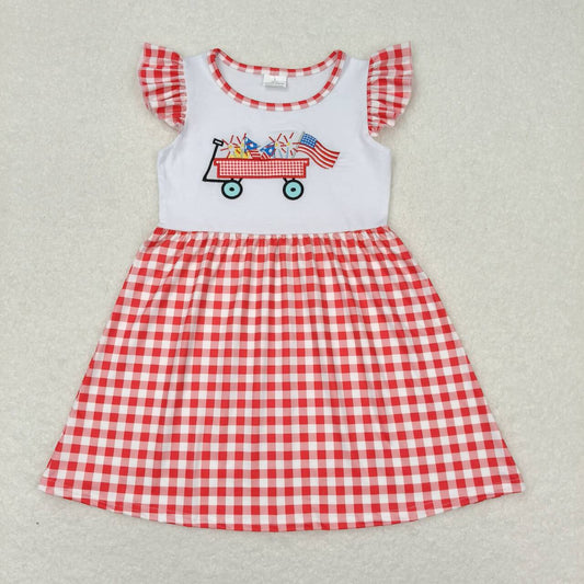 GSD0843 4th of July Embroidered Fireworks Truck Red Plaid Flying Sleeve Dress Girls Boutique clothes 202404 RTS