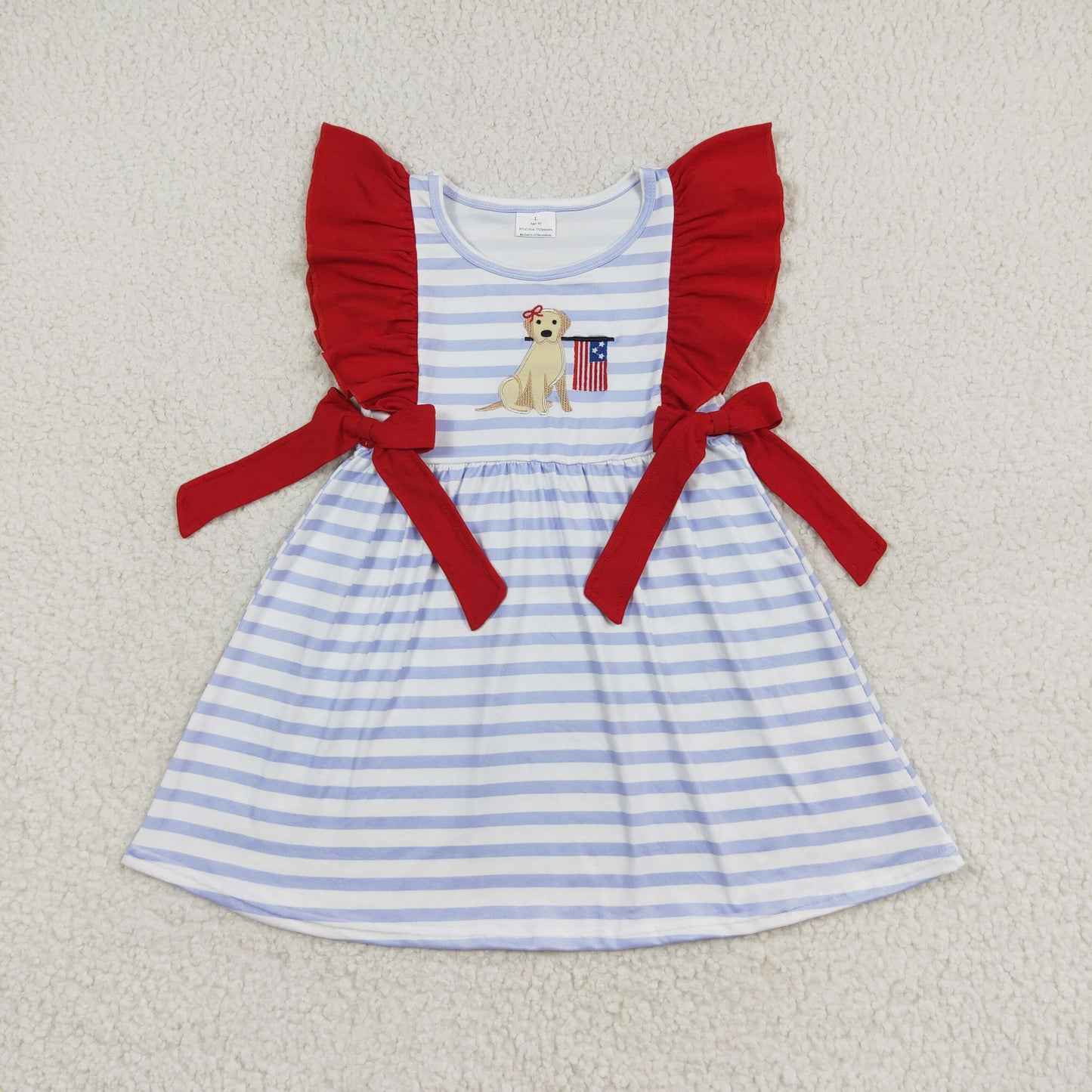 GSD0845 Embroidered puppy flag striped red lace bow flying sleeve dress girls dresses 10-14 yrs