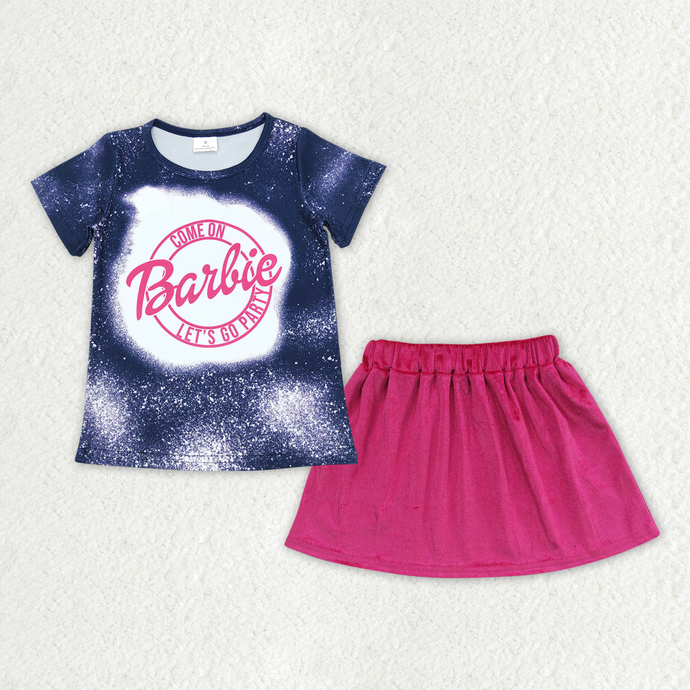 GLD0840 2pcs Blue B Cartoon Pink Skirt Dresses Girls Short Sleeve Shorts Outfits