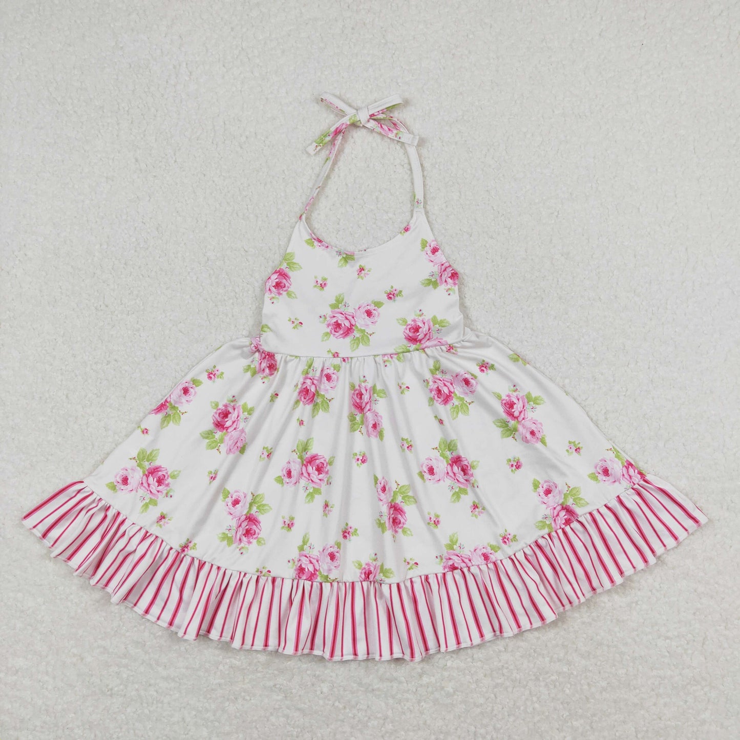 GSD0859 Floral Pink Stripe Ruffle Halter Dresses for Girls RTS 202508