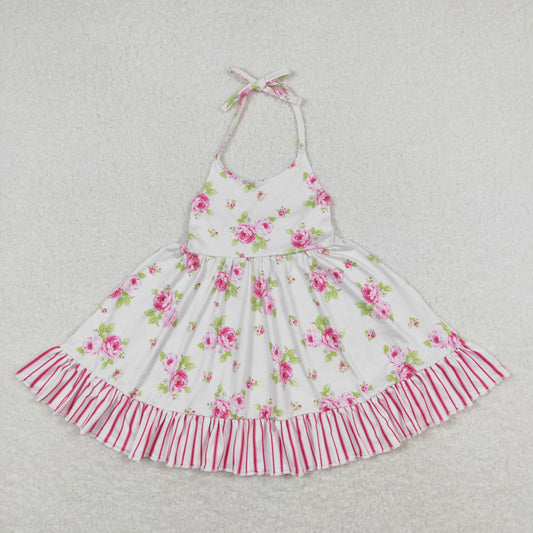 GSD0859 Floral Pink Stripe Ruffle Halter Dresses for Girls RTS 202508