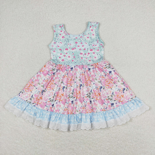 GSD0861 Light Blue Pink Flower Lace Short Sleeve Dresses Girls boutique outfit 202501