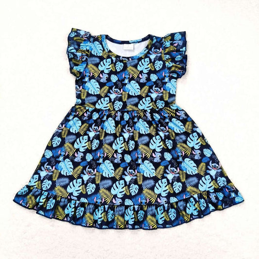 GSD0863 Cartoon Stitch Blue Flying Sleeve Dress Girls Boutique Clothes 202404 RTS