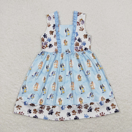 GSD0864 Cartoon Bluey Ruffle White Blue Sleeveless Dress Girls Boutique Clothes 20240408 RTS