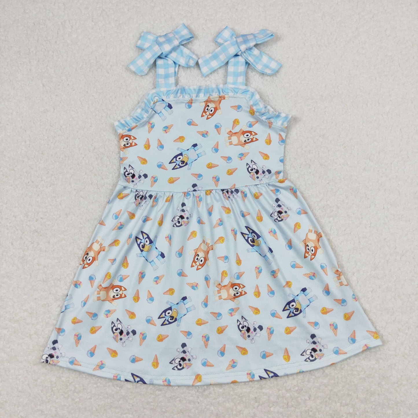 GSD0866 Cartoon Bluey Blue Plaid Ruffle Halter Dresses for Girls RTS 202508