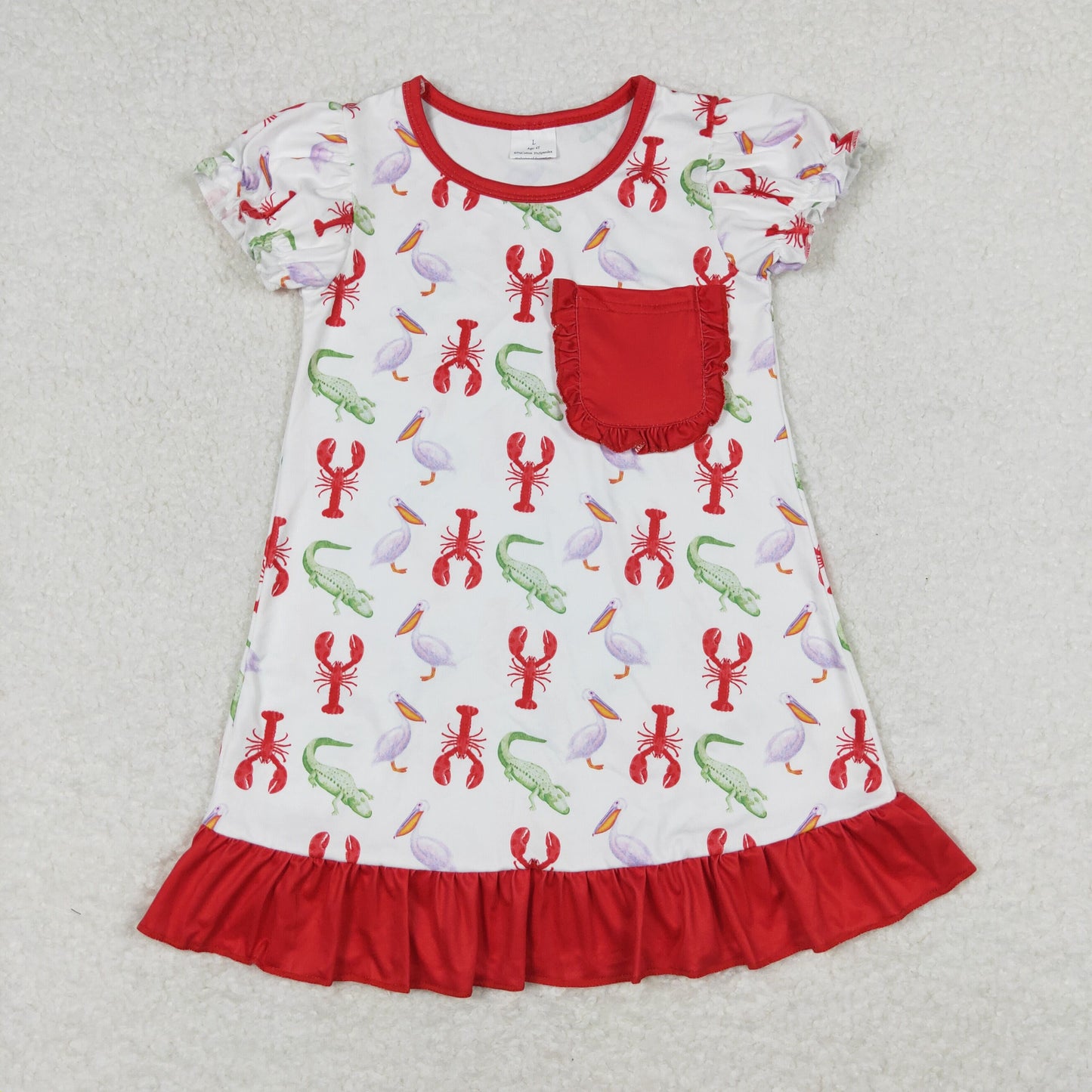 GSD0869 Crocodile Crayfish Red Pocket Ruffle Short Sleeve Dresses for Girls RTS 202508
