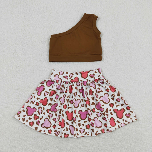 GSD0874 Solid Brown One-Shoulder Top and Mickey Leopard Print Short Skirt Girls Set  RTS 202508