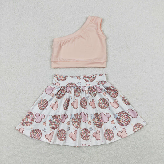 GSD0875 Solid Pink One-Shoulder Top and Mickey Print Short Skirt Girls Set  RTS 202508