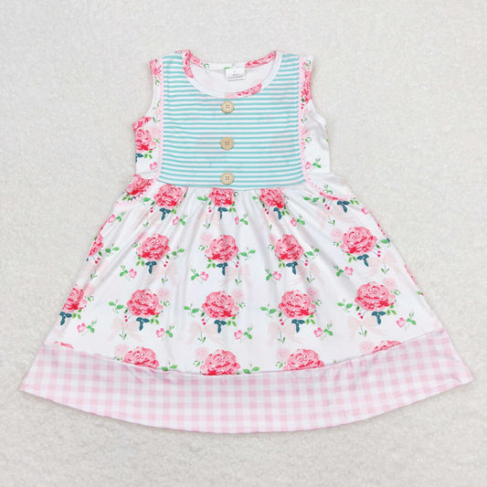 GSD0886 Hot Pink Flower Blue Striped Sleeveless Dresses Girls boutique outfit 202501