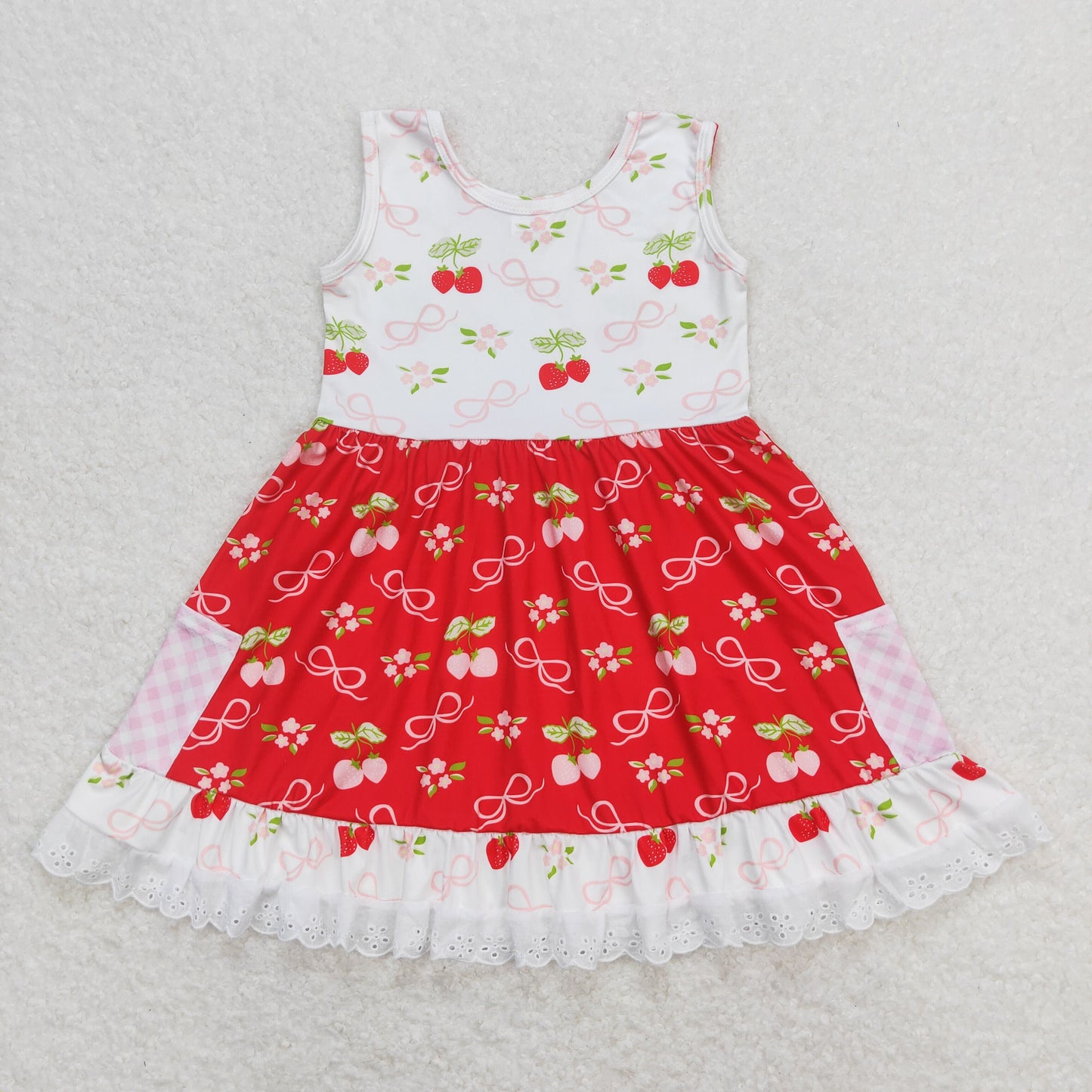 GSD0889 Hot Pink Red Strawberry White Lace Sleeveless Dresses for Girls 202501 RTS