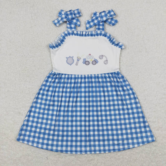 GSD0905 Sibling Police Car Blue Plaid Ruffle Halter Dresses for Girls RTS 202508
