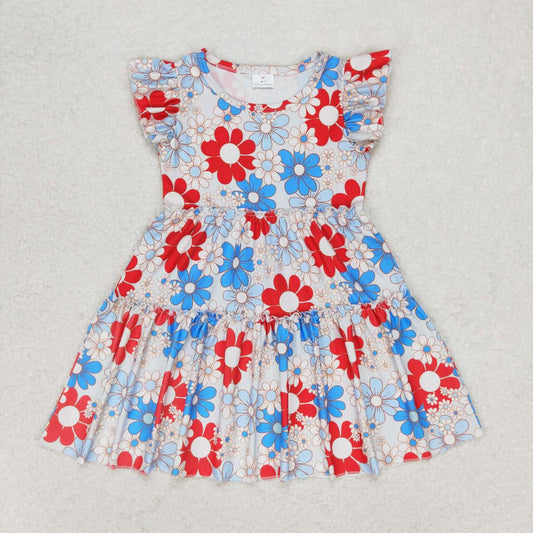 GSD0921 Red and blue flowers flying sleeve dress high quality children dress girls