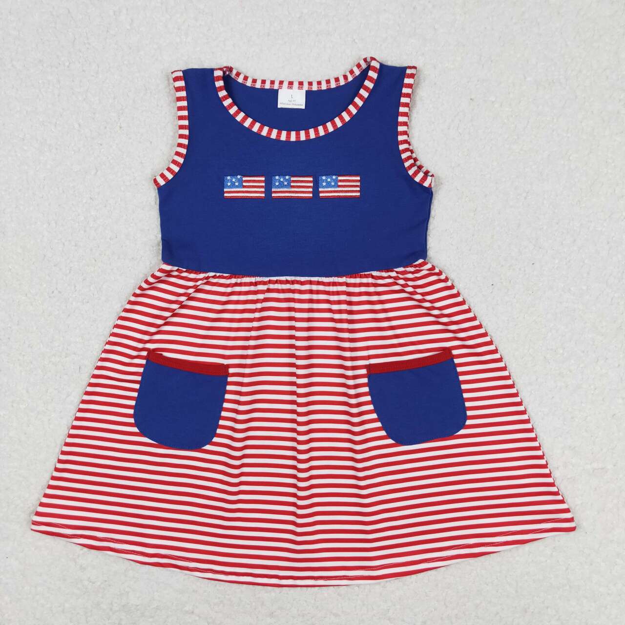 GSD0930 Embroidered flag Red and White stripes navy blue pocket sleeveless dress high quality summer dress for girls kids