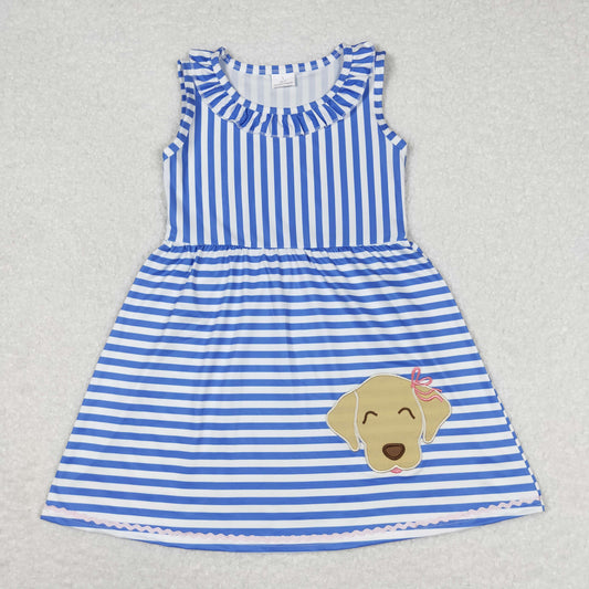 GSD0934 Embroidered Puppy Blue Stripe Ruffle Sleeveless Dress Girls Boutique Clothes 202404 RTS