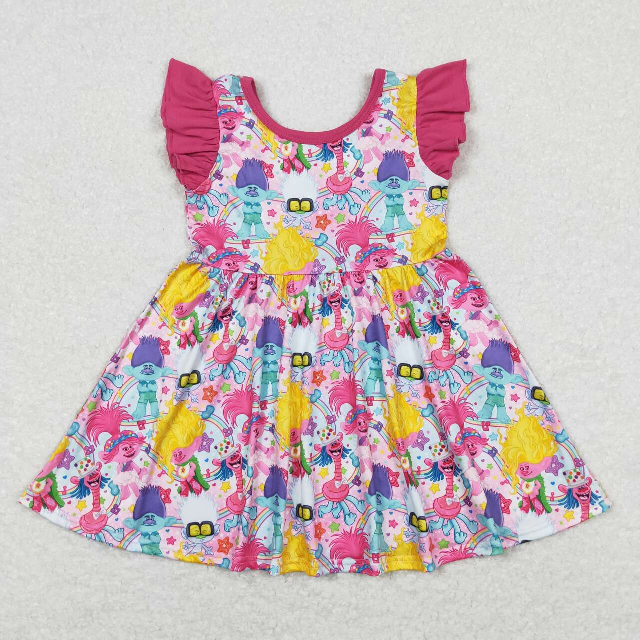 GSD0943 Rose Red Trolls Hair Fairy Ruffle Fly Sleeve Dress Boutique Girls Outfits 202404 RTS