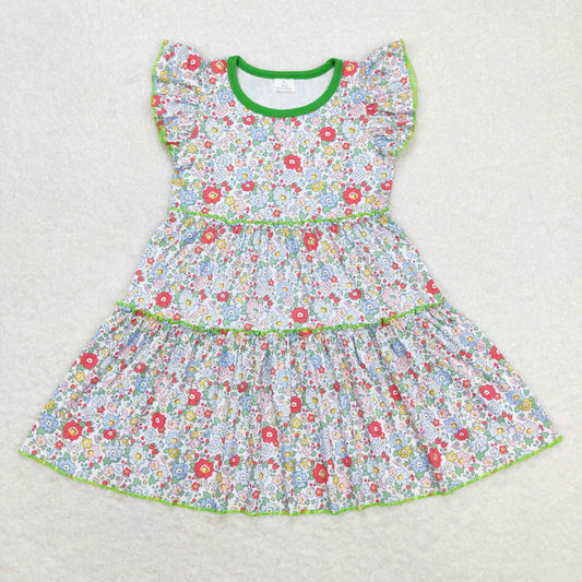 GSD0948 Floral Green Ruffle Flying Sleeve Dress Girls Boutique Clothes 20240409 RTS