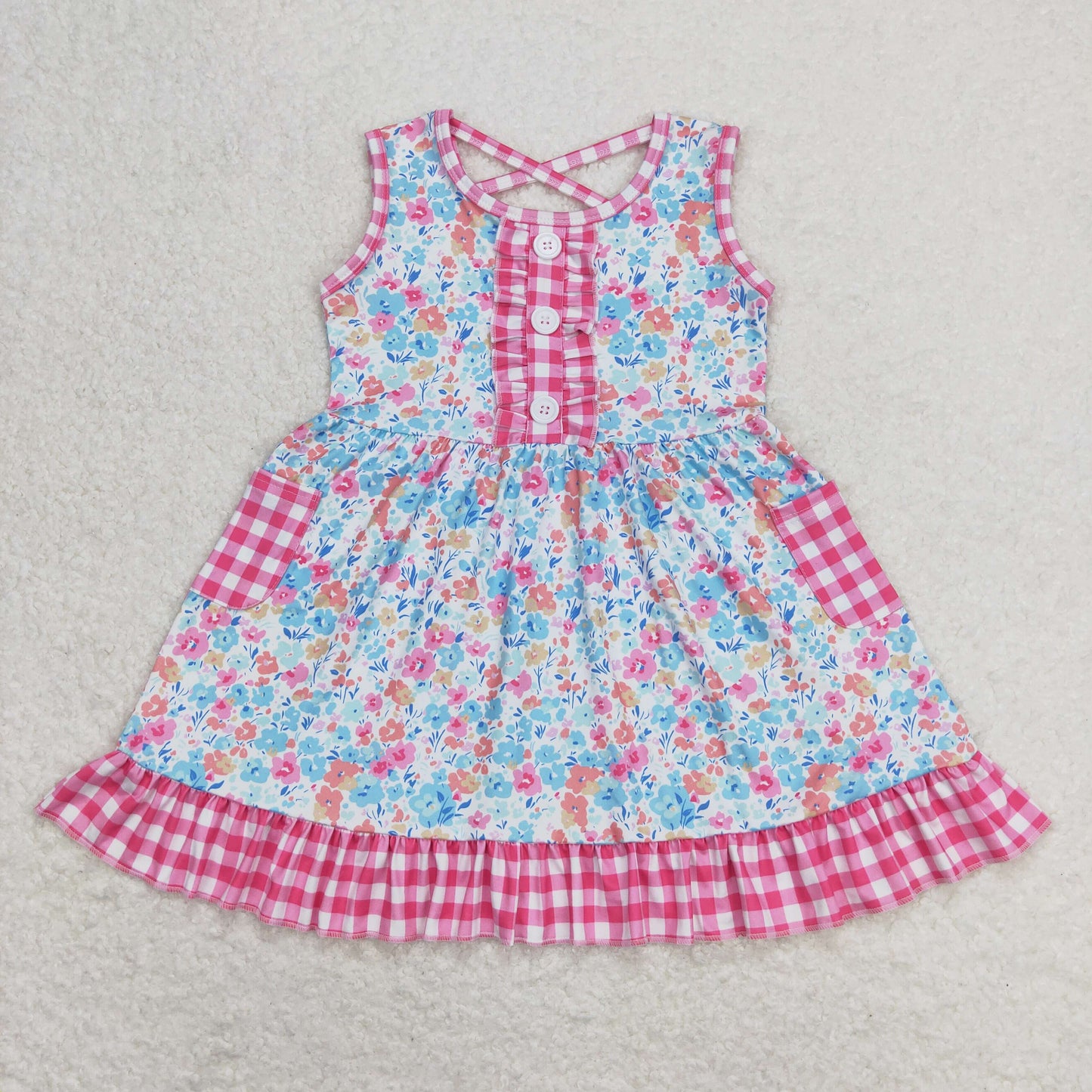 GSD0950 Rose Red Flower Plaid Sleeveless Dresses with pocket Girls boutique outfit 202501