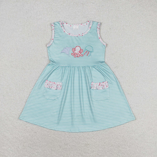 GSD0963 Embroidered octopus jellyfish striped turquoise sleeveless dress wholesale high quality princess dress for girl