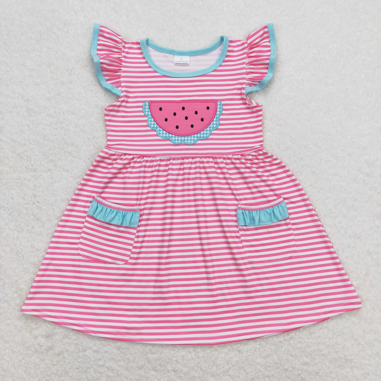 GSD0964 Embroidered Watermelon Hot Pink Striped Ruffled Pocket Flying Sleeveless Dresses Girls boutique 202501