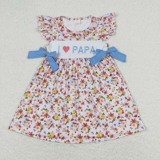 GSD0968 Embroidered I Love Papa Flower Blue Bows Pink Flying Sleeve Dresses for Girls RTS 202508
