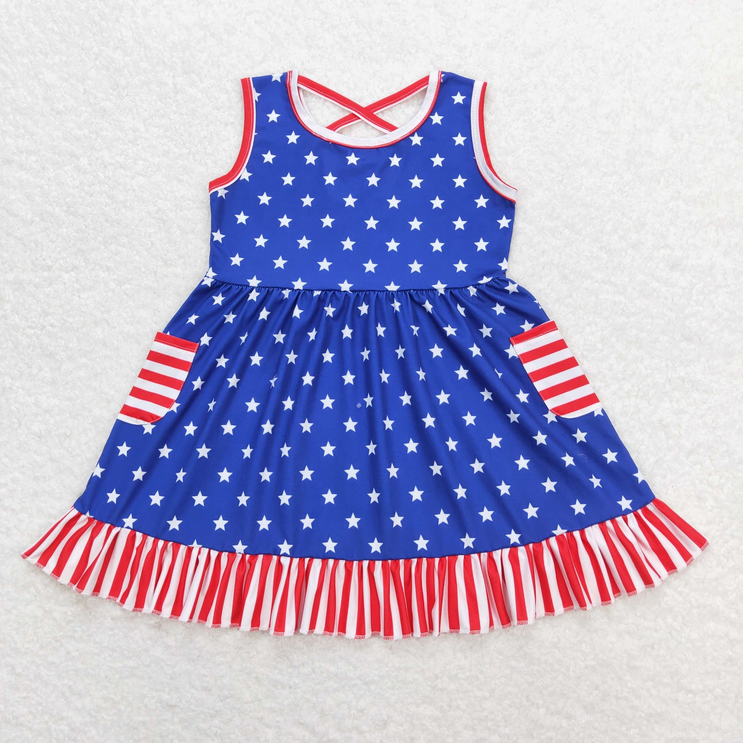 GSD0976 4th of July Star Red Stripe Pocket Ruffle Sleeveless Dresses for Girls RTS 202509