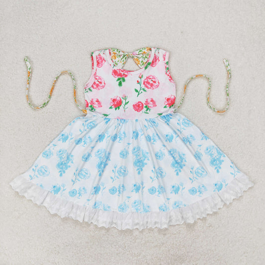 GSD0987 Pink Blue flowers Lace lace sleeveless dress High quality summer dress for girls kids