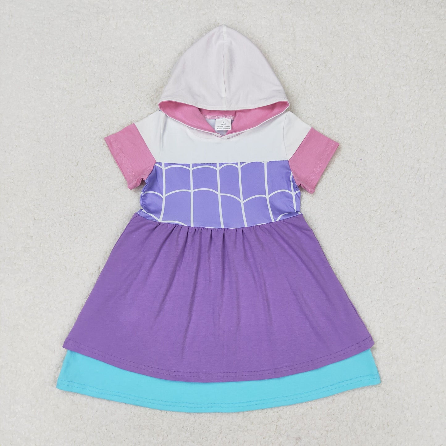 GSD0996 Cartoon spider web print purple lace hooded short-sleeved dress high quality dress for kids girls