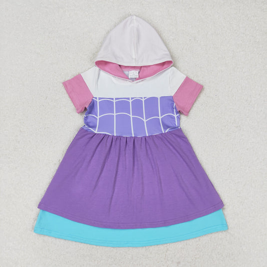 GSD0996 Cartoon spider web print purple lace hooded short-sleeved dress high quality dress for kids girls