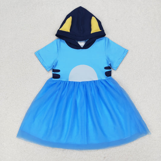 GSD0997 blue tulle hooded short-sleeved dress high quality wholesale girls dresses 2-12 children clothing