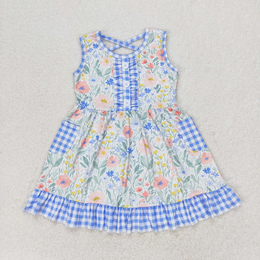 GSD1009 floral blue and white check pocket lace sleeveless dress High quality party dress for kids girls