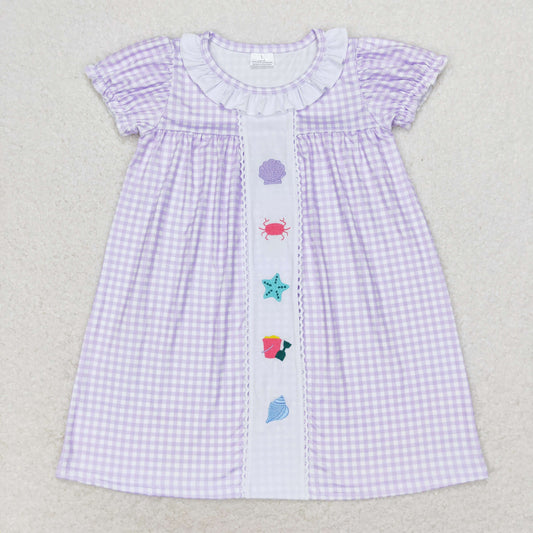 GSD1021 Embroidered shell Crab starfish check lace short-sleeved dress baby girls dresses