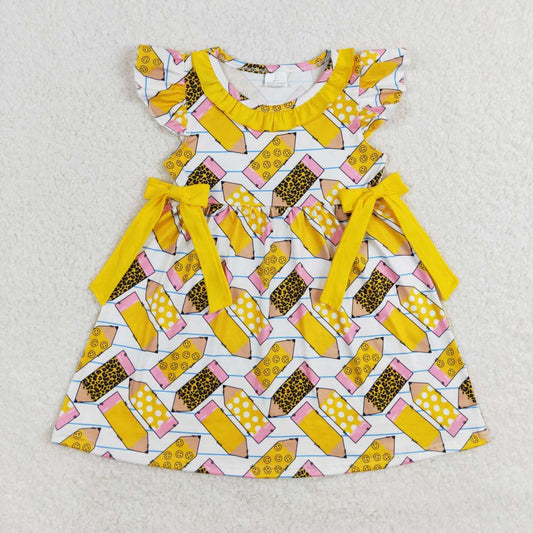 GSD1038 Leopard Print Polka Dot Yellow Lace Bow Flying Sleeve Dress Casual Western Cotton Clothes with Cartoon Pattern No MOQ