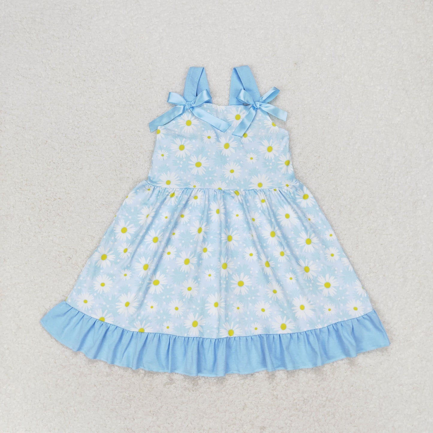 GSD1066 Small Daisy flowers Blue lace bow sleeveless dress high quality dress for kids girls