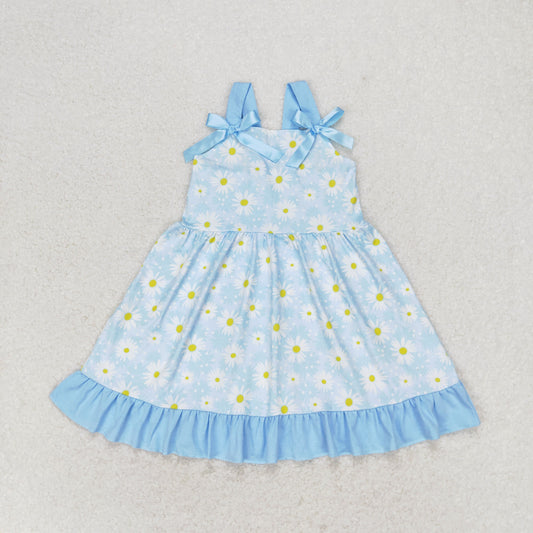 GSD1066 Small Daisy flowers Blue lace bow sleeveless dress high quality dress for kids girls