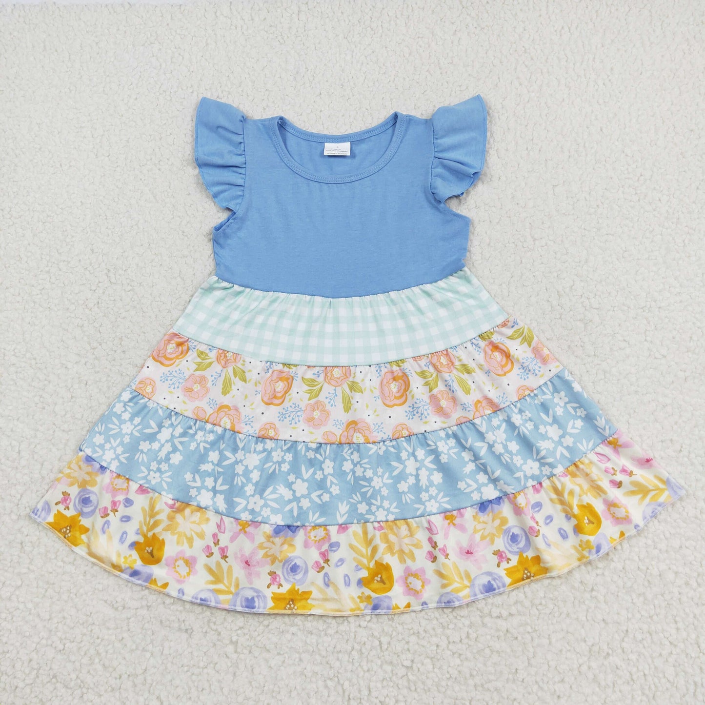 GSD1073 Floral patchwork blue flying sleeve dress High quality dresses for girls of 10 years old