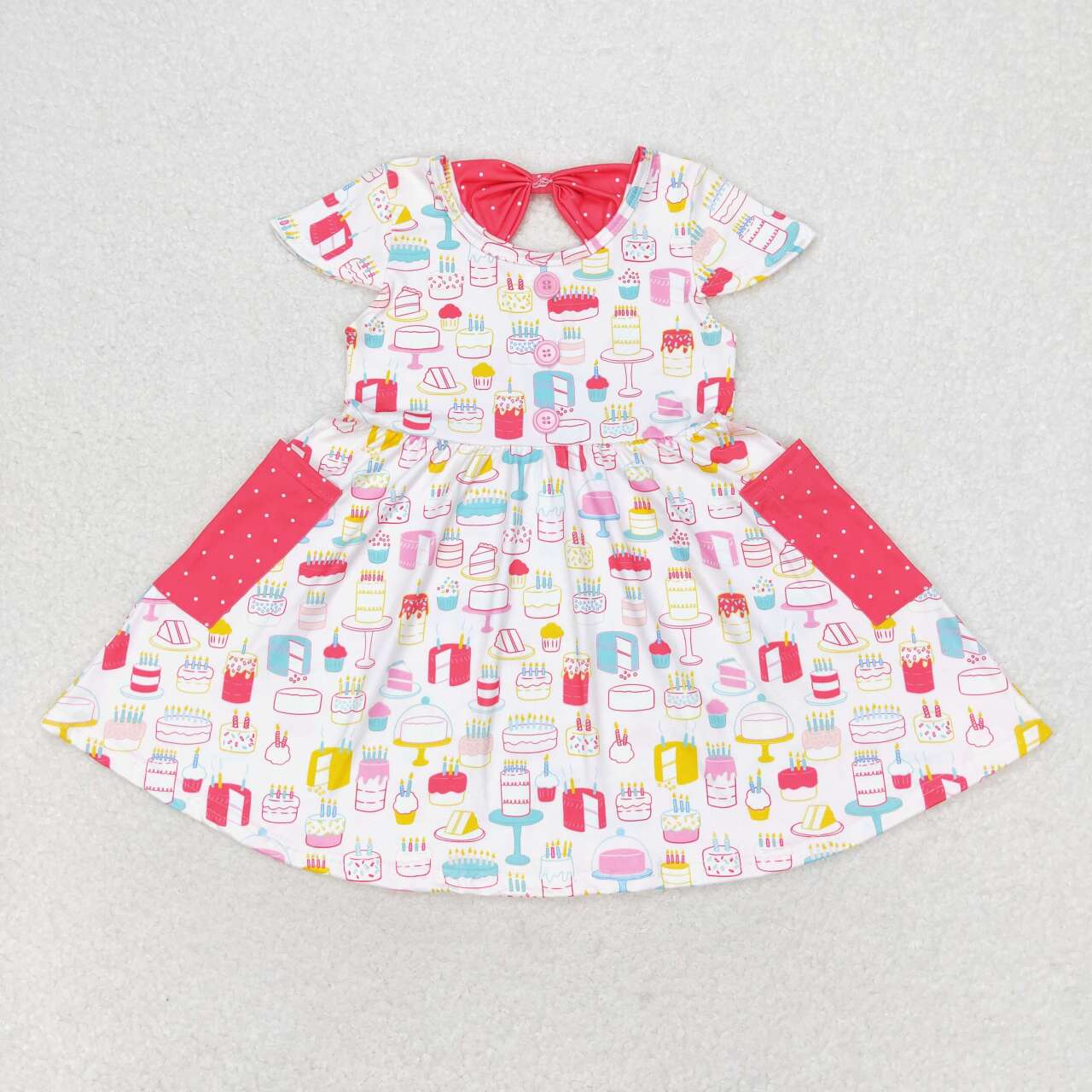 GSD1082 Birthday cake short sleeve dress with polka dot pocket party wear dresses for kids