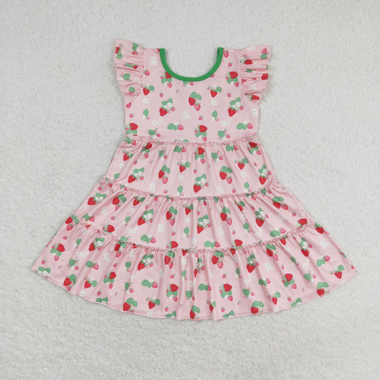 GSD1087 Floral Strawberry Pink Fly Sleeve Girls Dresses RTS 202509